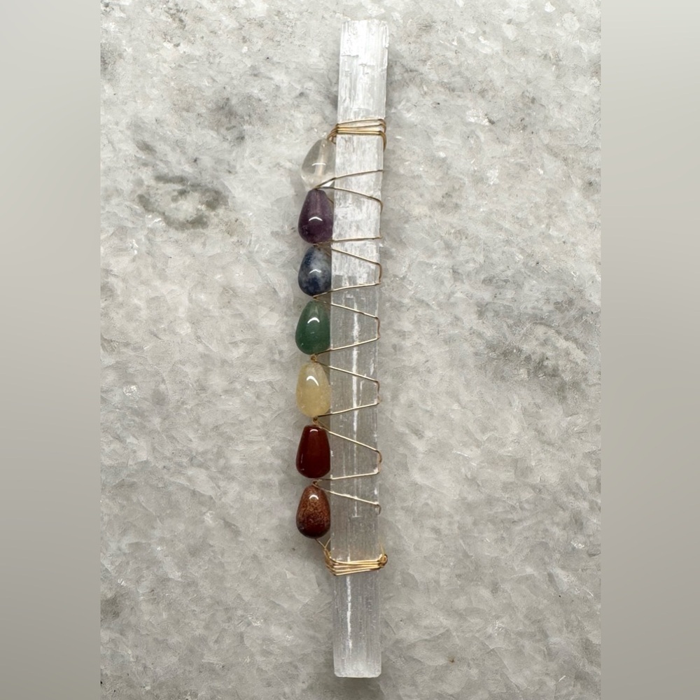 New Natural Shimmer Frosty Selenite Crystal Wand w/ Natural Chakra Gemstones - Picture 9 of 9